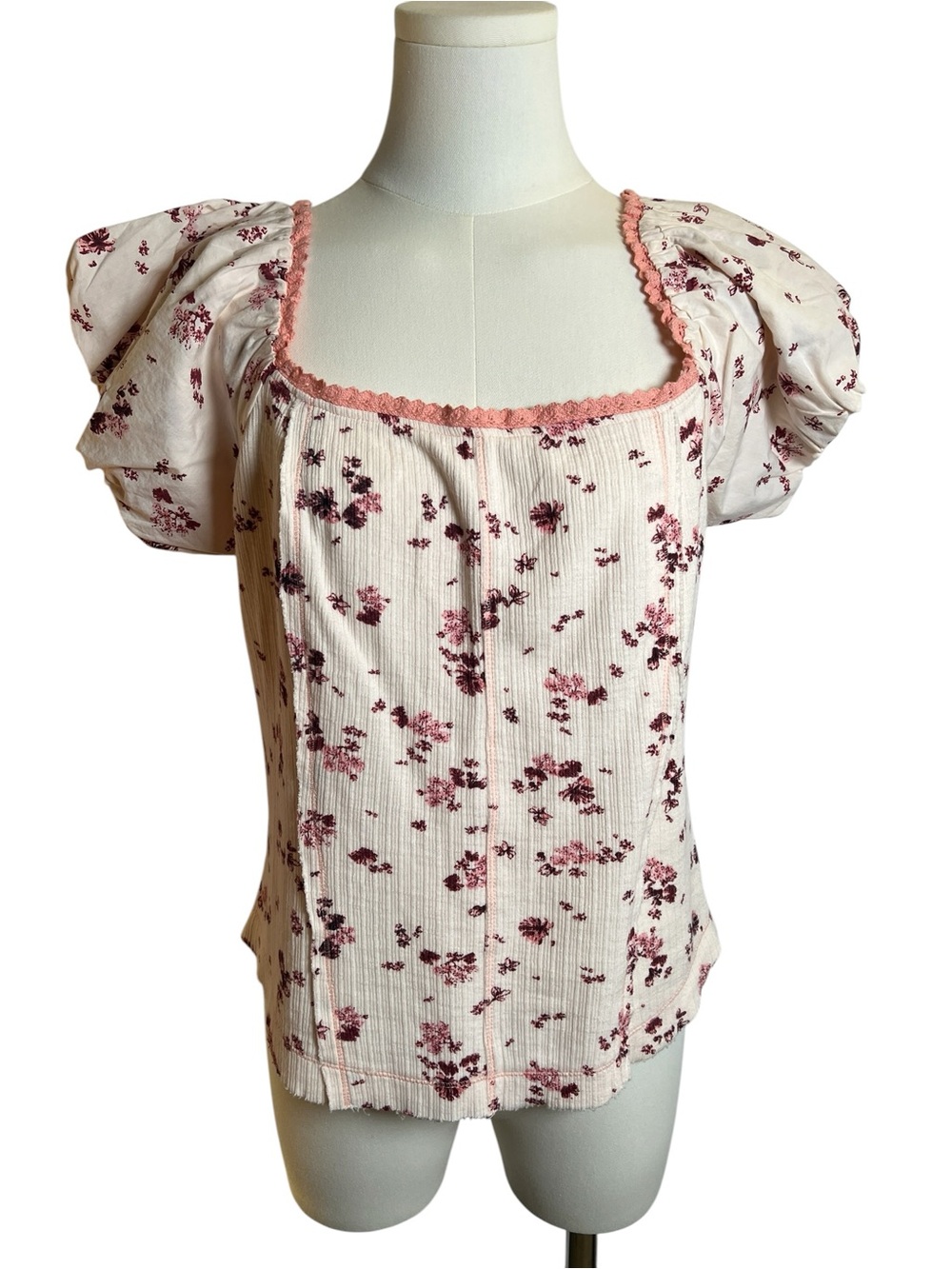 Anthropologie Floral Puff-Sleeve Off-The-Shoulder Cotton Corset Top Size Large